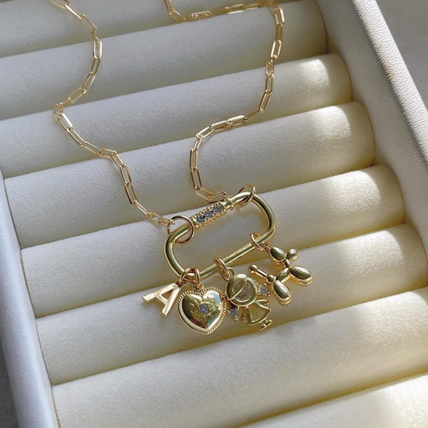 Carabiner Charm Necklace, Multi Charm Necklace, Custom Charm Jewelry, Charm Bar, Personalized, Lock Necklace, Créate Your Own Charm