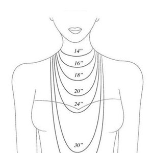 May include: Diagram showing different necklace lengths on a model, ranging from 14 inches to 33 inches.