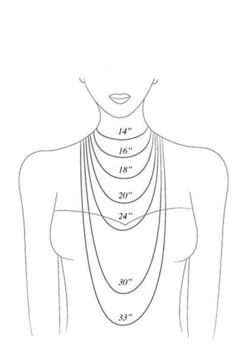 May include: Diagram showing different necklace lengths on a model, ranging from 14 inches to 33 inches.