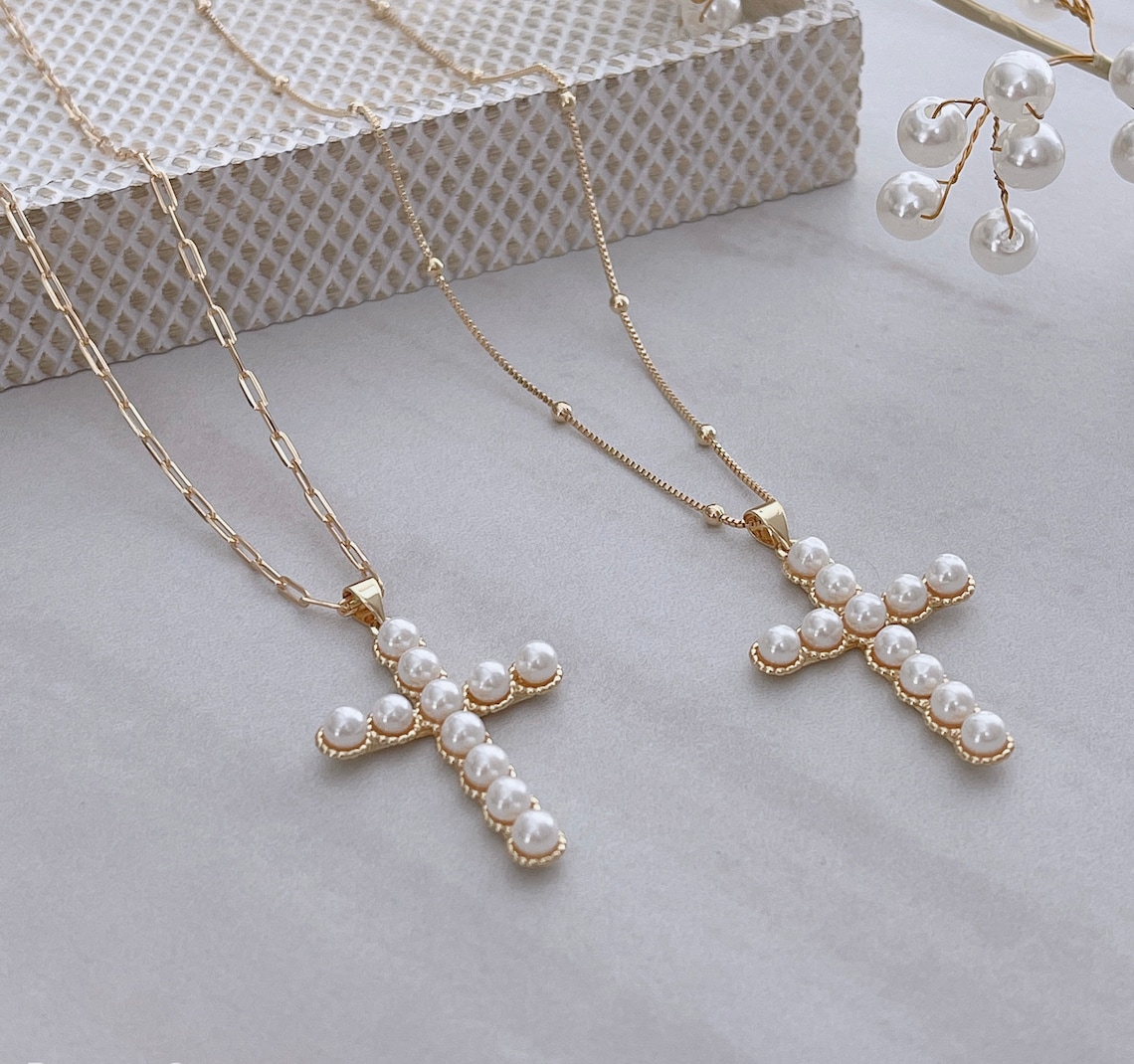 Cross Necklace Cross Pearl Necklace Pearl Necklace 18k Gold Etsy
