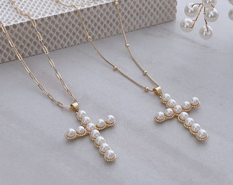 Cross Necklace, Cross Pearl Necklace, Pearl Necklace, 18k Gold Cross Necklace, Layered Gold Necklace, Protection Necklace, Gift For Women