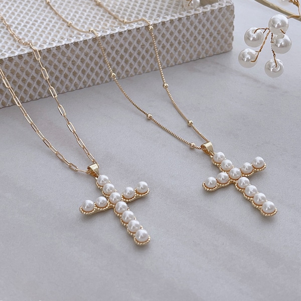 Cross Necklace, Cross Pearl Necklace, Pearl Necklace, 18k Gold Cross Necklace, Layered Gold Necklace, Protection Necklace, Gift For Women