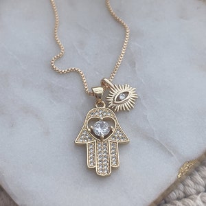 Hamsa Hand Necklace, Evil Eye Necklace, Protection Necklace, Gold Filled Amulet Necklace, Good Lucky Gold Necklace, Medallion Necklace