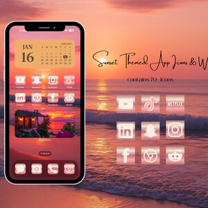 Iconos y widgets de la aplicación Pink Sunset / Tema estético para iPhone / Iconos tropicales para la pantalla de inicio / Iconos de la aplicación Widgetsmith