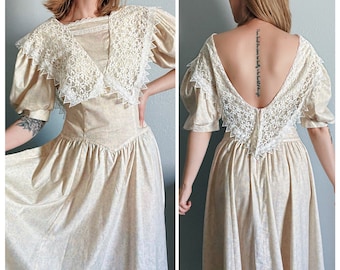 Vintage 1980s “Gunne Sax” Backless Spring Floral Dress with Lace