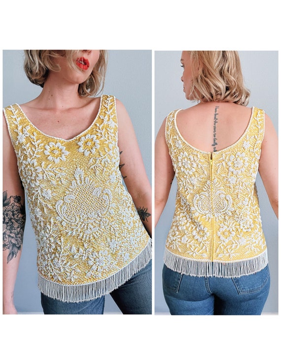 Vintage 1960’s Yellow Sequins Blouse with Hand Bea
