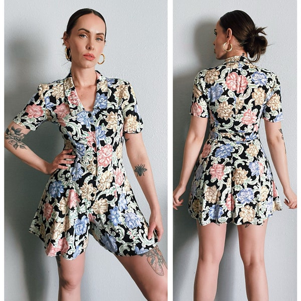 Vintage 1990’s “Rampage” Black Romper with Pastel Floral Pattern