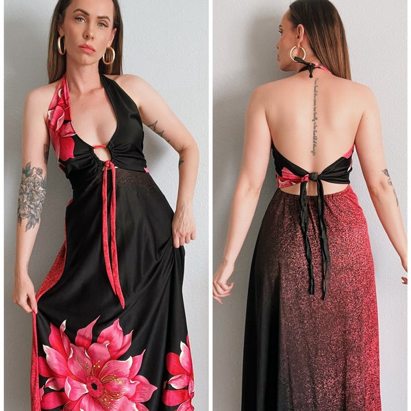 Vintage 1980’s Black & Pink Floral Swimwear Beach Halter Wrap Dress