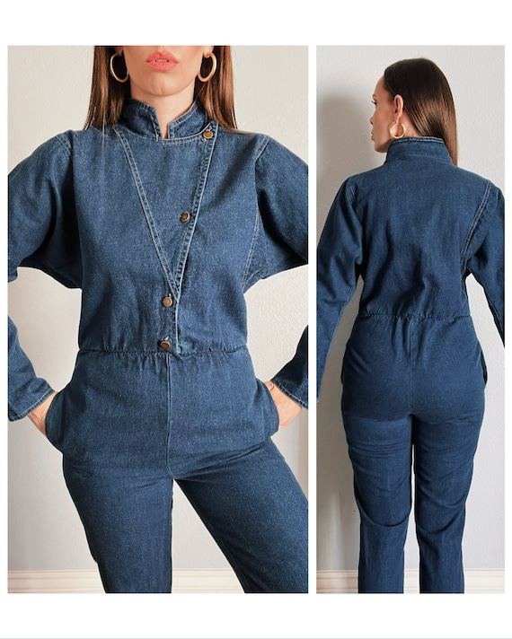 Vintage 1980's Blue Denim Jean Mock Neck Jumpsuit Coveralls - Etsy