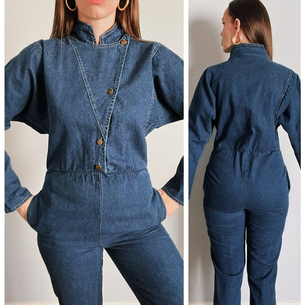 Vintage 1980’s Blue Denim Jean Mock Neck Jumpsuit Coveralls