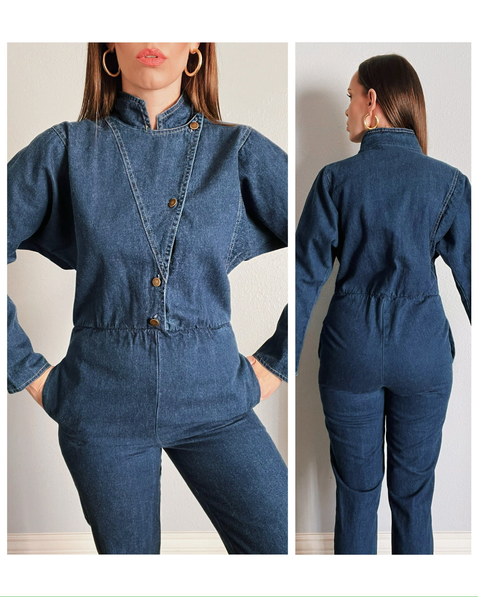 Vintage 1980's Blue Denim Jean Mock Neck Jumpsuit Coveralls