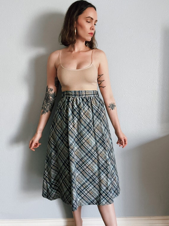 Vintage 1980s Blue Gray & Tan Plaid Skirt - image 2