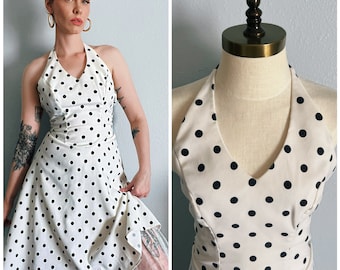 Retro Y2K “B. Darlin” Black & White Polka Dot Halter Dress with Tulle