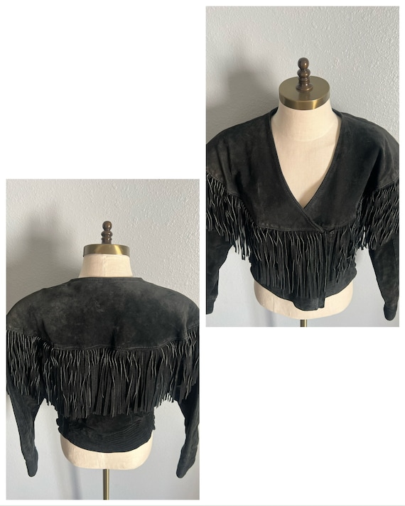 Vintage 1980’s “Chia” Crop Black Suede Leather Fr… - image 7