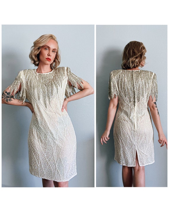 Vintage 1980s scala White & Silver Beaded Dress - Etsy Vintage 1980s scala White & Silver Beaded Dress - Etsy