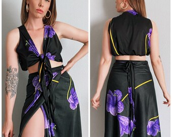 Vintage 1980s Black & Purple Floral Swimwear Beach Set / Wrap Blouse and Wrap Skirt