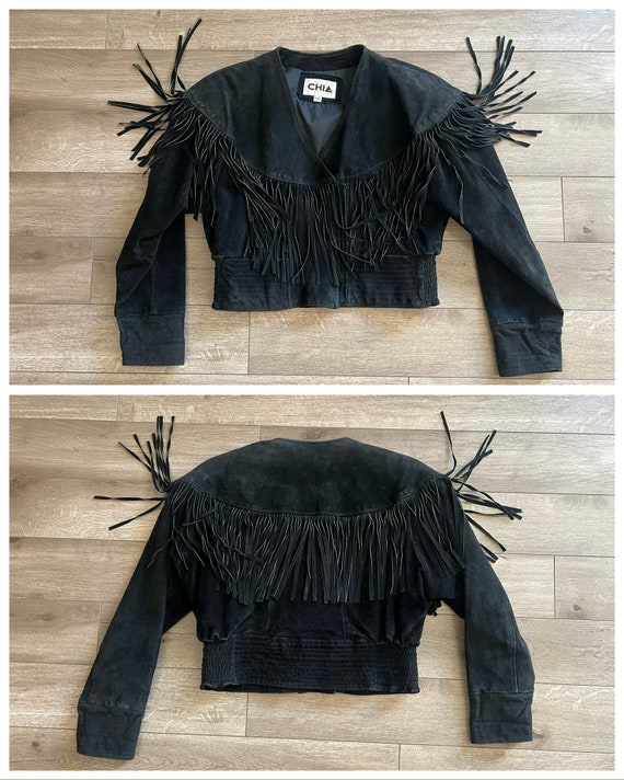 Vintage 1980’s “Chia” Crop Black Suede Leather Fr… - image 9