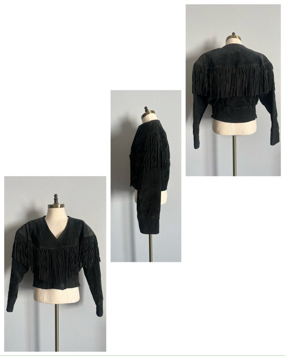 Vintage 1980’s “Chia” Crop Black Suede Leather Fr… - image 4