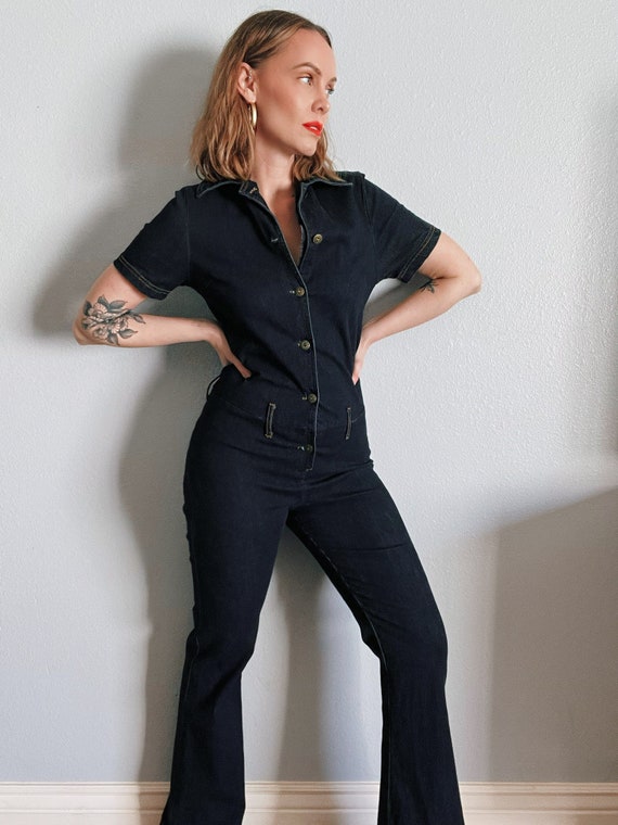 Tシャツ・カットソー VINTAGE RETRO JUMPSUIT 3COL 70s Denim Jumpsuit Red Gingham Collar Straight Leg Jumpsuit
