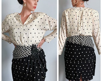 Vintage 1980s “Bullock’s” Black & White Polka Dot Striped Dress with Beaded Embellishment