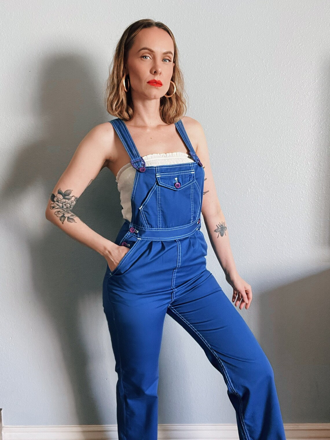 Vintage 1990s Bright Blue Overalls With White Stitching Etsy
