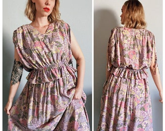Vintage 1970’s Handmade Pastel Floral Two Piece Blouse & Skirt Set