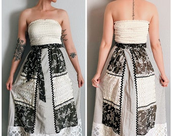 Vintage 1970’s “Tumbleweeds” Deadstock Black & White Floral Polka Dot Lace Dress / Maxi Skirt