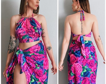 Vintage 1990s Hot Pink & Blue Floral Swimwear Beach Set / Halter Top and Wrap Skirt