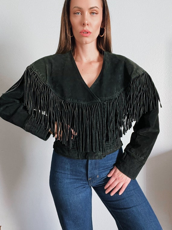 Vintage 1980’s “Chia” Crop Black Suede Leather Fr… - image 2