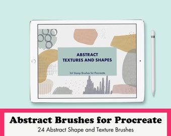 May include: A digital illustration of 24 abstract shape and texture brushes for Procreate, displayed on a tablet screen. The brushes are shown in various colors, including beige, brown, gray, and pink. The text "ABSTRACT TEXTURES AND SHAPES" is displayed on the screen, along with the text "24 Stamp Brushes for Procreate".