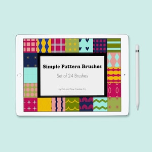 May include: A digital illustration of a set of 24 simple pattern brushes. The brushes are displayed on a tablet screen with a white background. The text "Simple Pattern Brushes" and "Set of 24 Brushes" is displayed in black text on a white background. The text "by Ebb and Flow Creative Co" is displayed in black text on a white background.