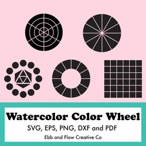Könnte beinhalten: Fünf schwarz-weiße Aquarell-Farbkreisvorlagen. Die Vorlagen umfassen einen Kreis mit einem Gittermuster, einen Kreis mit radial verlaufenden Linien, einen Kreis mit einem Ring aus Punkten um ein Dreieck, einen Kreis mit 12 Abschnitten und ein Quadrat mit einem Gittermuster. Der Text "Aquarell-Farbkreis" befindet sich am unteren Rand des Bildes, zusammen mit dem Text "SVG, EPS, PNG, DXF und PDF" und "Ebb and Flow Creative Co."