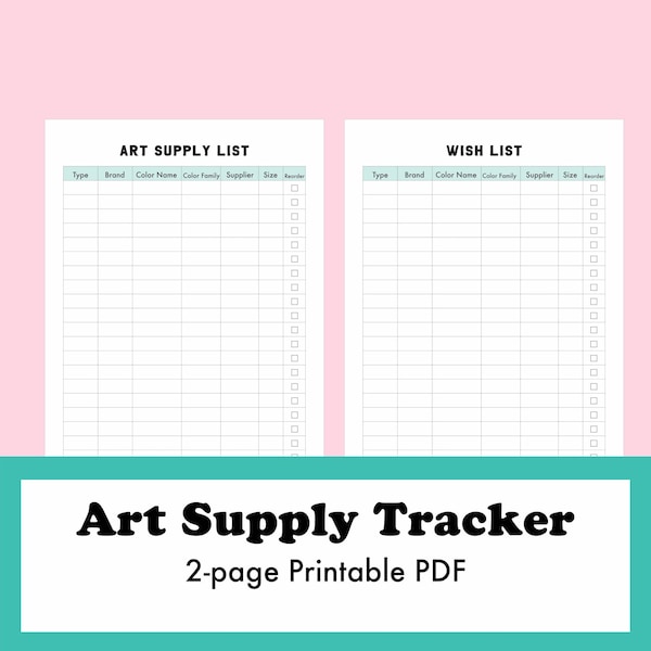 Art Supply Tracker, Inventory List, Printable PDF