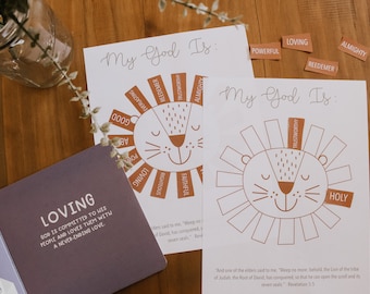 May include: Two printable worksheets with a lion illustration and the words "My God Is:" at the top. The lion has a mane with words like "Loving", "Faithful", "Righteous", "Powerful", "Almighty", "Redeemer", "Trustworthy", "Holy", and "Good" written on it. There are also several small brown paper labels with words like "Loving", "Powerful", "Almighty", and "Redeemer" on them.