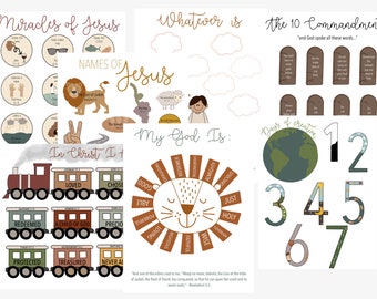 May include: A set of printable Christian educational posters with colorful illustrations. The posters include a train with different colored cars, a lion with a crown, a globe, and a set of numbers. The posters also include text such as "Miracles of Jesus", "Names of Jesus", "In Christ I am", "My God Is", "The 10 Commandments", and "Days of Creation".
