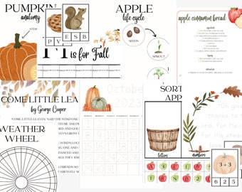 Fall activity 50page bundle | Homeschool pre-k kinder workbook binder | pumpkin, apple, fall unit