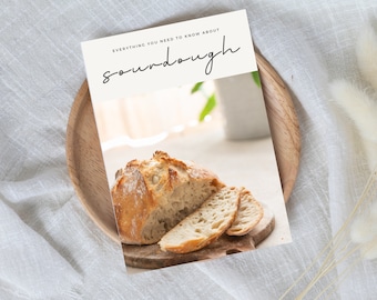 May include: A white booklet with the text "Everything you need to know about sourdough" on the cover. A loaf of sourdough bread is pictured on the cover.