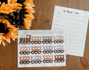May include: A printable train-themed chart with the phrase "In Christ I Am" at the top. The chart features 12 train cars, each with a different word and Bible verse. The words include "Loved", "Protected", "Never Alone", "Strong", "Unique", "Redeemed", "Precious", "Treasured", "Chosen", "Forgiven", and "A Child of God".