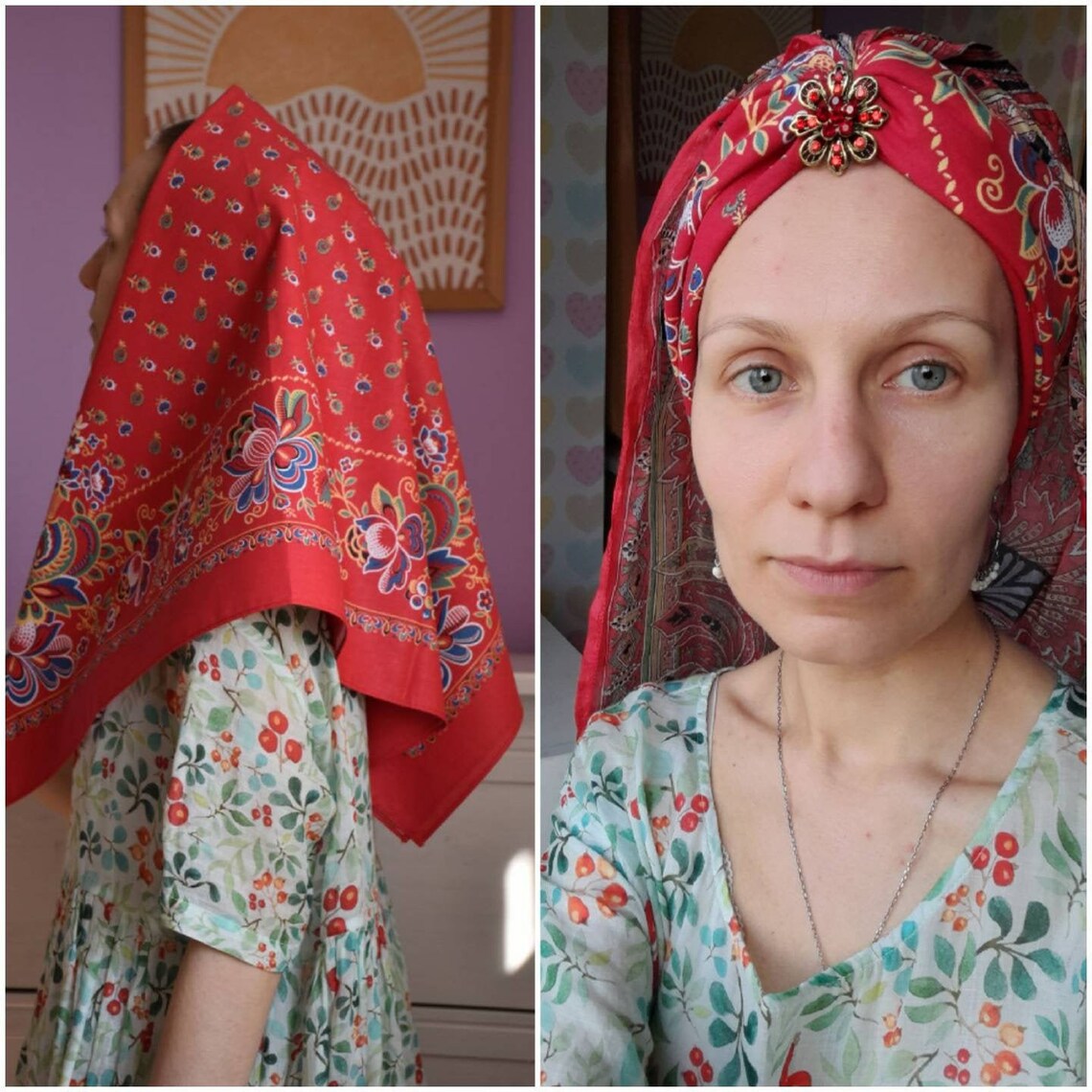 Russian Head Scarf Shawl Babushka Kerchief Square Red Cotton Etsy