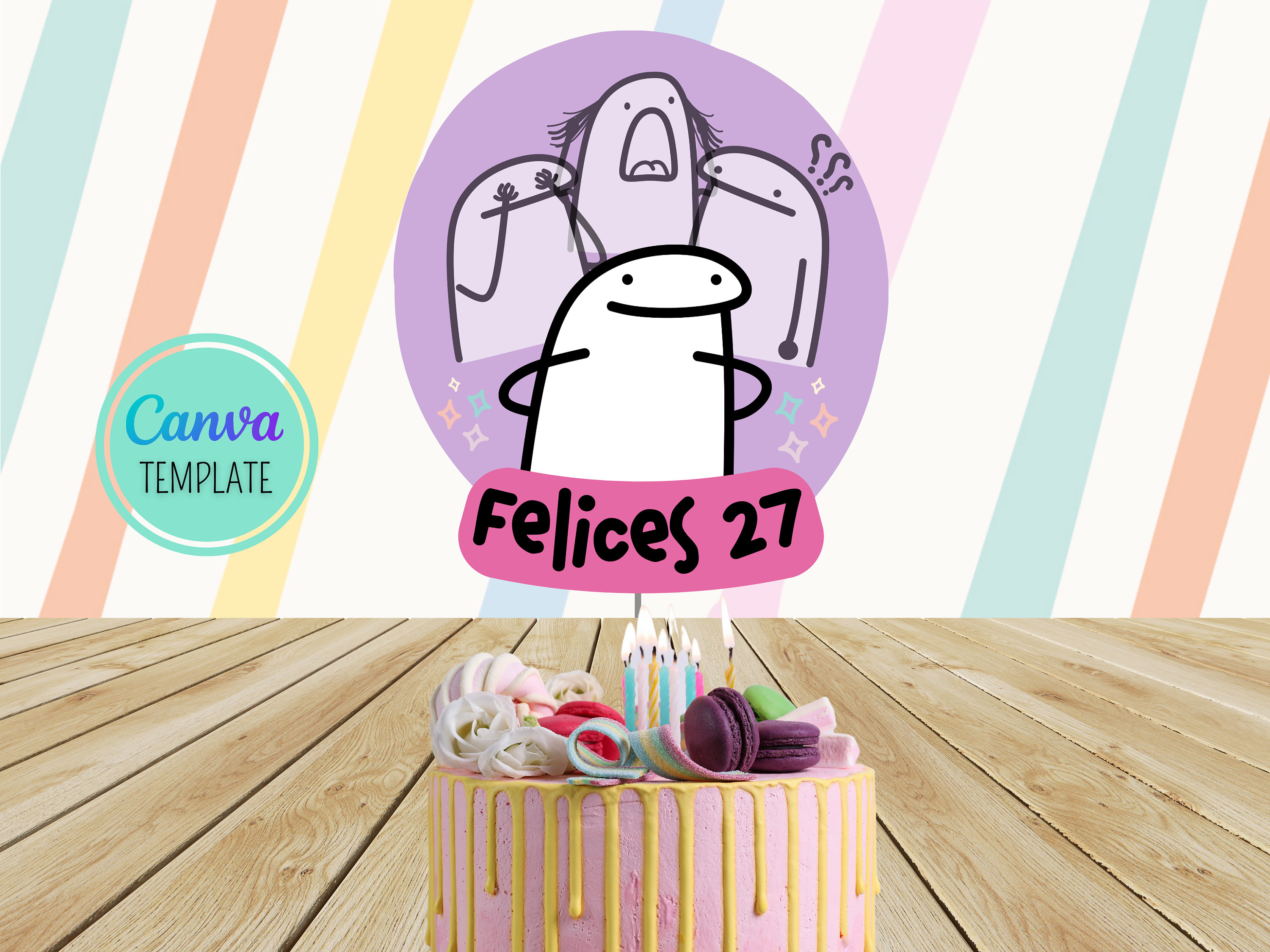 Flork Años de Drama Printable Cake Topper Deformito Meme Plantillas CANVA  Templates Descarga Digital Inmediata Download Rosa Viral Florky