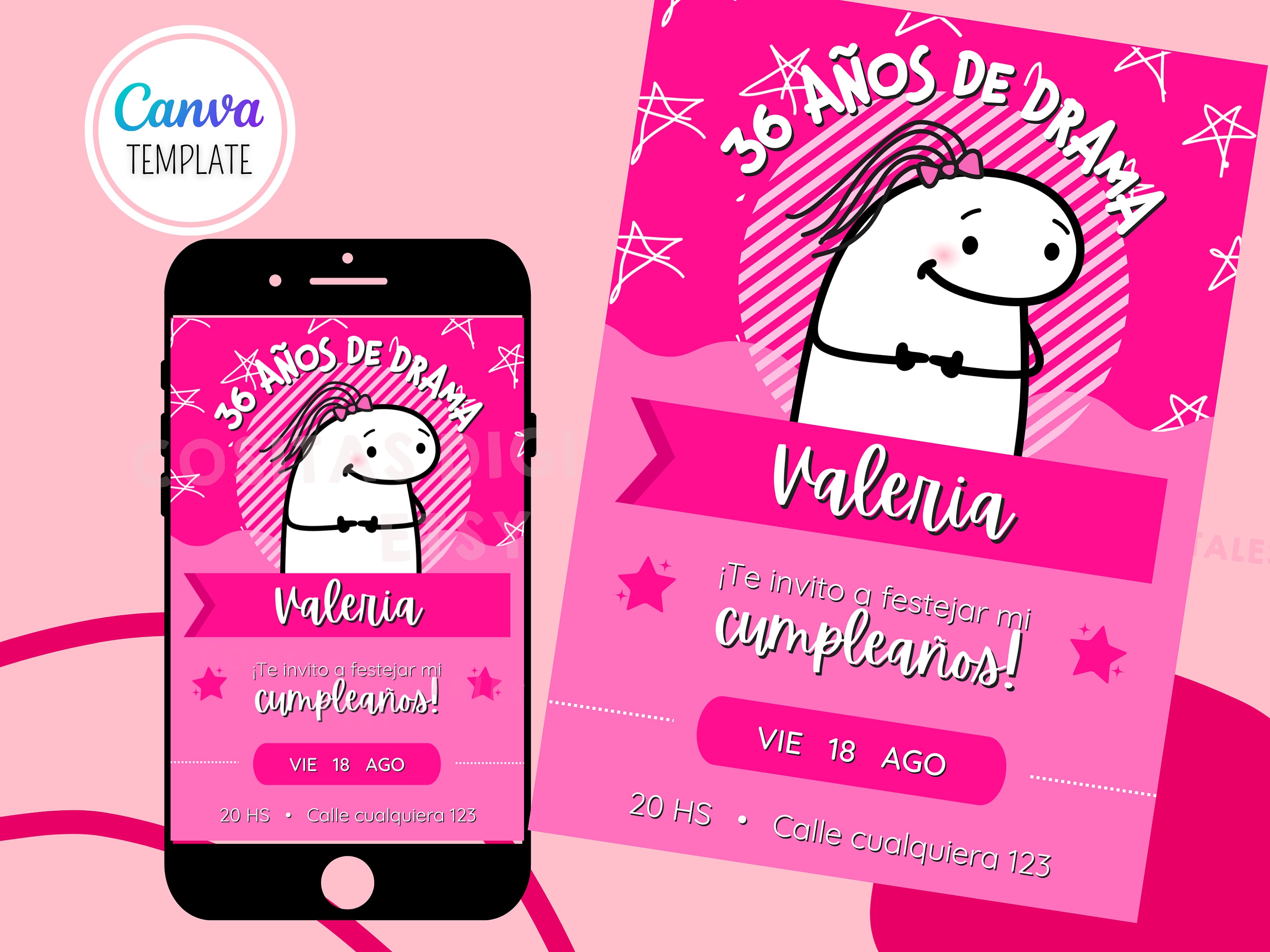 Flork Años de Drama Printable Cake Topper Deformito Meme Plantillas CANVA  Templates Descarga Digital Inmediata Download Rosa Viral Florky