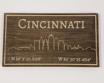 Cincinnati Skyline Sign with Coordinates, Stained Poplar