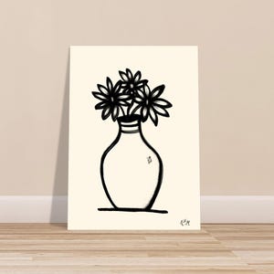 Póster de arte fino con diseño de jarrón de girasoles, minimalista, japonés, neutro, floral y botánico, tamaño A4, varios tamaños.