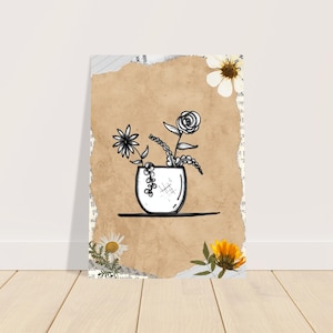 Poster A3 Pot de fleurs / Impression botanique / Cottagecore féminin neutre Boho indé (29,7 x 42 cm) / Croquis de dessin au trait Dotwork Floral