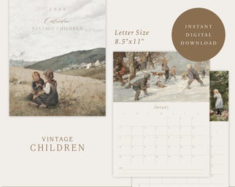 Calendario de pared imprimible 2026 / Descarga digital / Tamaño carta (8.5x11) / Estilo infantil vintage