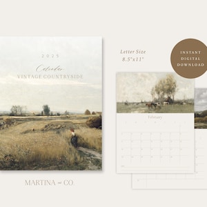 Calendario de pared vintage imprimible 2025 / Descarga digital / Tamaño carta 8,5 x 11