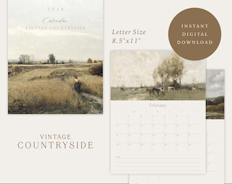 Calendario de pared imprimible 2026 / Descarga digital / Tamaño carta (8.5x11) / Estilo campestre vintage