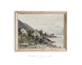 Cabañas de pescadores / Pintura vintage / Arte de pared IMPRIMIBLE digital