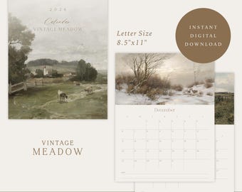 Calendario de pared imprimible 2026 / Descarga digital / Tamaño carta (8.5x11) / Pradera vintage