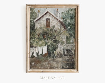 Lavandería en el patio / Pintura vintage / Arte de pared IMPRIMIBLE digital